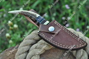 Cuchillo de Supervivencia EDC de Acero Damasco Forjado a Mano con Mango Ergonómico de Cuerno de Ciervo y Latón, Funda de Cuero, Cuchillo de Camping Afilado como una Navaja - Product Image 6