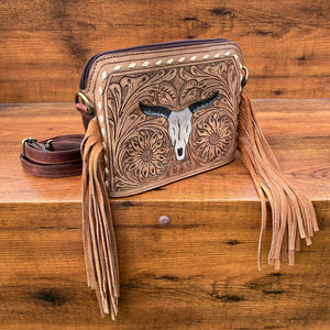 Date Western à la main en cuir usiné taureau outillage femmes bandoulière frange sacs de haute qualité à la main en cuir de vachette sac à bandoulière - Product Image 2