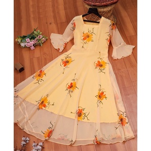 Vestido Largo de Mujer con Mangas con Volantes y Estampado Digital en Georgette, Color Limón - Product Image 3