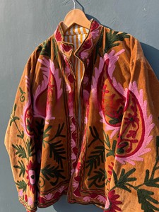 Handcrafted Mustard Velvet Suzani Embroidered <b>Jacket</b> with Traditional Floral Motifs and Striped Lining Coat At Factory Price - Product Image 3