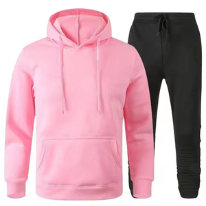 <b>Pink</b> Hooded <b>Sweatshirt</b> with Black Joggers Unisex Casual Tracksuit Solid Color Full Sleeve Drawstring Closure 100% Cotton Autumn - Product Image 1
