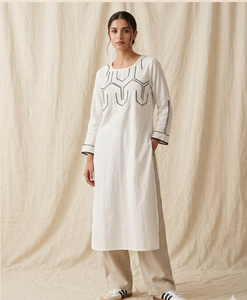 Women Cotton White Kurti Geometric <b>Embroidered</b> Round Neck Full Sleeve Straight Fit Long Ethnic <b>Tunic</b> Casual Comfortable Wear - Product Image 5