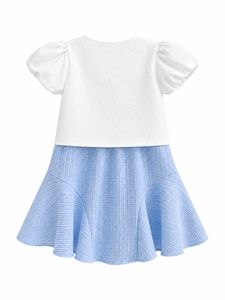 Conjunto de Vestido Seersucker para Niñas con Falda Azul con Lazo y Blusa Blanca, Estilo Dulce, Manga Corta - Product Image 4
