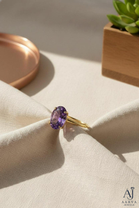 Bague en argent sterling 925 plaqué or 18 carats avec pierre précieuse ovale violette géométrique tendance, sertie à griffes, idéale pour mariage, fiançailles ou comme cadeau - Product Image 6