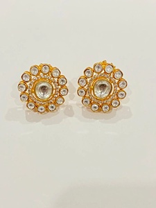 Pendientes de Aro Polki de Latón Chapado en Oro de 22K, Estilo Boho Floral Vintage, Joyería Étnica Tradicional India para Fiesta, Regalo para Mujer - Product Image 3