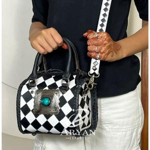 March Expo Checkered Pattern Genuine Cowhide Leather Speedy Bag with Turquoise Concho Personalised <b>Small</b> Shoulder Bag for Unisex - Product Image 1