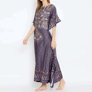 Women's Purple Paisley Print <b>Kaftan</b> Maxi Dress O-Neck Cap Sleeve Ankle-Length Modest Evening Wear Chiffon Fabric - Product Image 2