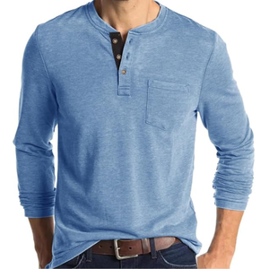 Camisa Henley de manga larga para hombre, camiseta informal de mezcla de algodón con bolsillo en el pecho, jersey básico con cuello con botones para otoño y todo el año - Product Image 4