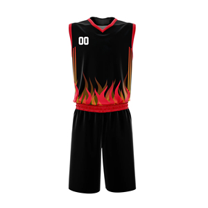 Uniforme de Baloncesto Sublimado Personalizado Profesional, Conjunto Unisex Transpirable de Malla de Secado Rápido con Cuello en V y Estampado de Llamas, Ropa Deportiva - Product Image 1