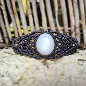 White Moonstone Macrame <b>Bracelet</b> Oval Gem Dark Purple Cord Boho Handmade Adjustable <b>Healing</b> Jewelry - Product Image 1
