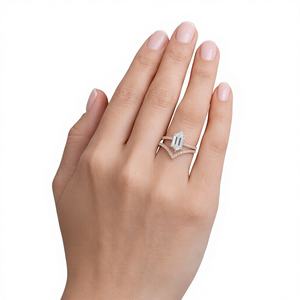 Luxury 14K Solid Gold Hexagon Step Cut Engagement <b>Ring</b> Paired with Chevron Curve Matching Eternity Wedding <b>Band</b> Bridal <b>Ring</b> Set - Product Image 3