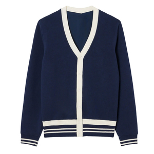 Cárdigan de Punto para Mujer, Color Azul Oscuro, con Bloques de Color, Cuello en V, Botones, Estilo Preppy, Manga Larga - Product Image 1