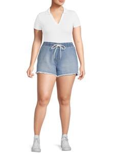 Shorts de Mezclilla para Mujer, Cintura Media, 100% Algodón, Color Sólido, Dobladillo Desgarrado, Cintura Elástica, Corte Regular - Product Image 1