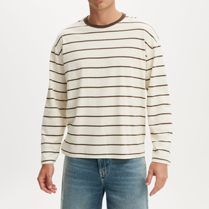 Striped <b>Long</b> Sleeve Crew Neck T-Shirt Unisex Loose Fit Cotton Knitted Casual <b>Top</b> All Seasons - Product Image 3