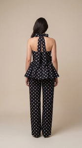 Elegante Conjunto Coordinado de Verano para Mujer con Estampado de Puntos Negros, Top y Pantalón de Crepé Ligero y Fluido, Proveedor - Product Image 3