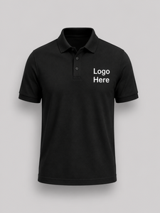 เสื้อเชิ้ตแขนสั้นสีดำสำหรับผู้ชาย ผ้าถักโพลีเอสเตอร์/คอตตอน ระบายอากาศได้ดี สไตล์ลำลอง ติดกระดุมด้านหน้า ปักโลโก้ตามสั่ง - Product Image 2