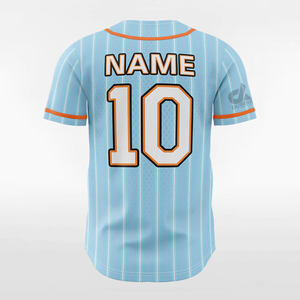 Maillot de baseball personnalisé 2025 bleu ciel à rayures fines avec bordure orange, uniforme d'équipe boutonné, nom et numéro personnalisés, style professionnel, vente en gros - Product Image 3