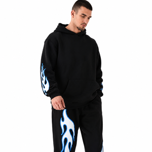 Conjunto Deportivo con Estampado de Llamas Negras, Sudadera con Capucha y Pantalones Largos con Bolsillos Laterales, Estilo Casual de Otoño - Product Image 3