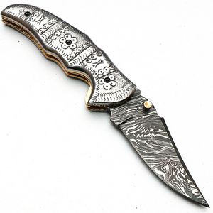 Cuchillo Plegable de Acero de Damasco Hecho a Mano con Mango de Hueso Grabado, Cuchillo de Bolsillo para Camping, Personalización OEM Disponible - Product Image 5