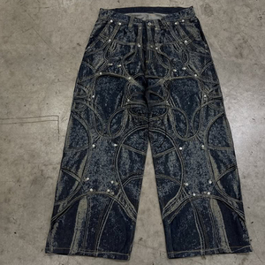 <span class=keywords><strong>Jeans</strong></span> Cargo Blu Scuro con Etichetta in <span class=keywords><strong>Pelle</strong></span> Personalizzata, Stampa Laser, Strisce Bruciate, Gamba Larga, Stile Vintage Streetwear - Product Image 1