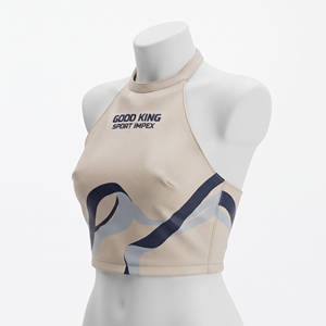 Top Corto de Cuero Crema con Cuello Halter para Mujer, Azul Marino, Estampado de Ondas Abstractas, Espalda Descubierta, Bralette Corto, Logotipo Personalizado, Marca Privada - Product Image 3