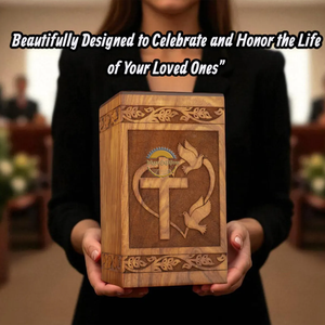 Urne funéraire religieuse chrétienne en bois naturel, artisanale, marron, motif vague, pour cendres funéraires, par AYAANS - Product Image 2