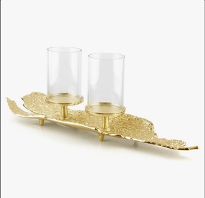 Wholesale Handmade Eco-Friendly Textured Gold Metal <b>Hurricane</b> Candle Holder Tray Set <b>Glass</b> Cylinder Centerpiece Dining Table - Product Image 2