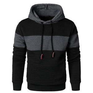 Sweat à capuche texturé en maille gaufrée noir et gris pour homme - Pull en molleton patchwork color-block - Streetwear urbain décontracté épais - Product Image 1