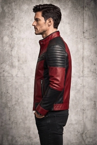 <b>Men's</b> <b>Red</b> Black Tanned Genuine <b>Leather</b> Moto <b>Jacket</b> Slim Fit Stand Collar Zipper Closure Color Blocking Windproof Front - Product Image 2