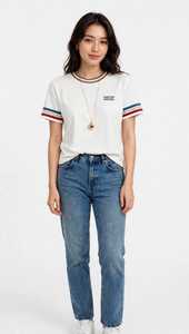 ONETEN APPAREL Women's <b>White</b> Striped Trim Crew Neck Short Sleeve <b>T</b>-<b>Shirt</b> Letter Print Casual Loose <b>Crop</b> Jersey Comfortable Top - Product Image 2