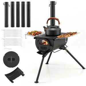 Stufa da Tenda Portatile Pieghevole a Legna in Acciaio al Carbonio Resistente con Canna Fumaria a 5 Sezioni e Finestra di Visualizzazione C - Product Image 1