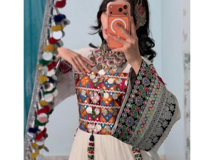 Classic <b>White</b> Afghan Kuchi Dress Multi Color <b>Mirror</b> Work Chest Piece Intricate Silver Border Embroidery Traditional OEM - Product Image 2