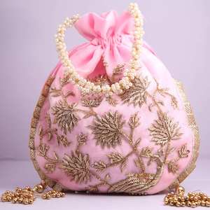 Pochette ronde en soie faite à la main avec broderie dorée et chaîne de perles, cadeau de mariage - Product Image 2