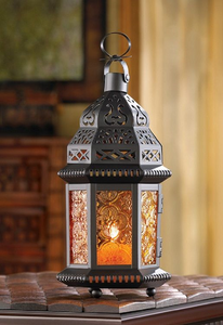 Black Metal Lantern Amber Glass Candle Holder Decorative Evening Radiance Distinguished Elegance - Product Image 4