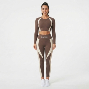 Women <b>Long</b> Sleeve Crop <b>Top</b> High Waist Color Block <b>Leggings</b> Two Piece Fitness Activewear Set - Product Image 4