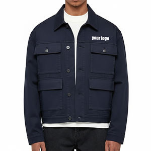 Veste en jean courte de style hip-hop de haute qualité avec plusieurs poches avant, logo brodé personnalisé, denim épais - Product Image 1
