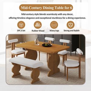 Mid-Century Modern 6-Piece <b>Dining</b> <b>Set</b> for 6 Padded Seats and Backrest <b>Table</b> and 4 Chairs with <b>Bench</b> - Product Image 2