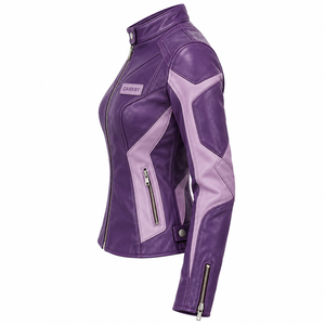 <b>Women</b> Purple Leather <b>Jacket</b> Dual Tone Color Block Stand Collar Biker Outerwear Zipper Pocket Slim Fit Custom Racing Motowear - Product Image 4