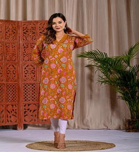 Trajes Tradicionales Indios y Pakistaníes de Algodón Puro para Mujer, Hermosos Colores, Diseño Estampado, Kurta Individual Lista para Usar - Product Image 2