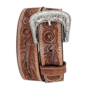 High quality embossed Logo flower pattern Western Belt Italian cowhide full grain vintage genuine leather belt for men