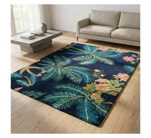 Tapis de luxe en laine bleu marine tufté à la main avec motifs de feuilles de palmier tropicales et imprimé animalier léopard, tapis à motifs floraux exotiques - Product Image 1