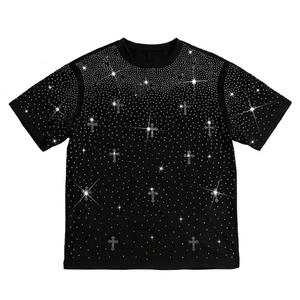 เสื้อและกางเกงขาสั้นสีดำสำหรับผู้ชาย พิมพ์ลายโลโก้ตามสั่ง ล้างสีแบบแอซิด ประดับด้วยคริสตัล ขายดีที่สุด สำหรับสตรีทแวร์ วินเทจ คุณภาพสูง - Product Image 5