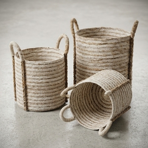 Natural Banana Bark Recycled <b>Plastic</b> Eco-Friendly Modern Storage <b>Basket</b> Set with Handles Tall Pot Planter Room Decor - Product Image 3