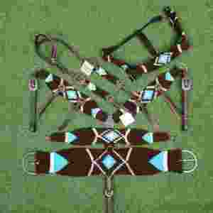 Juego de cabezada de mohair negro y azul cielo decorado con cincha frontal a juego de 32 pulgadas con cuero argentino - Product Image 1