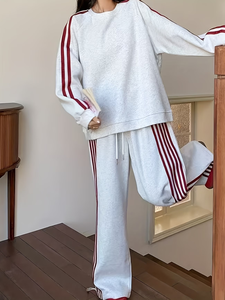 Ensemble de vêtements de sport décontractés et élégants pour femmes, style universitaire d'hiver, coupe régulière, sweat-shirt rayé et pantalon de jogging, ensemble 2 pièces, 100% coton Terry - Product Image 5