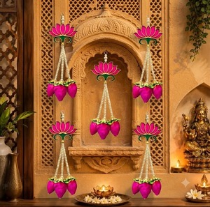 Handmade Traditional Pink Lotus Buds <b>Wall</b> Hanging Garland <b>Artificial</b> Solawood Lotus <b>Flower</b> Latkan Pearl Beads Ramadan Diwali - Product Image 1