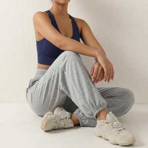 Women's Gray Pants Mid Waist Elastic Loose Fit Full Length Solid Color Casual Spring Style Knitted Cotton Spandex - Product Image 5