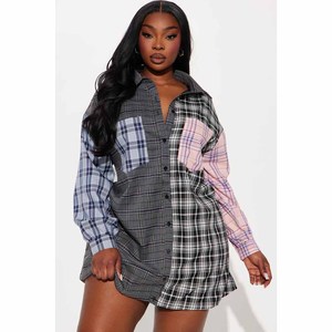 Oversized <b>Plaid</b> Patchwork Flannel <b>Shirt</b> With Turn Down Collar Full Sleeve Casual Top For Women Autumn Style - Product Image 4