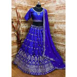 DESIGNER TAPETA SOIE BRODERIE TRAVAIL LEHENGA CHOLI AVEC DUPATTA BLEU - Product Image 1