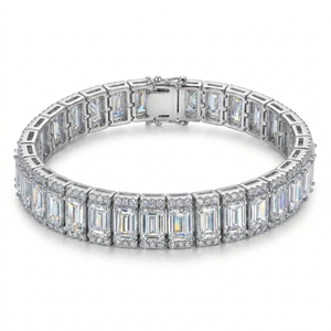 Pulsera de tenis RCK Global con diamantes talla baguette, chapada en oro blanco de 14K sobre plata de ley 925, estilo vintage, unisex, ideal para regalo. - Product Image 1